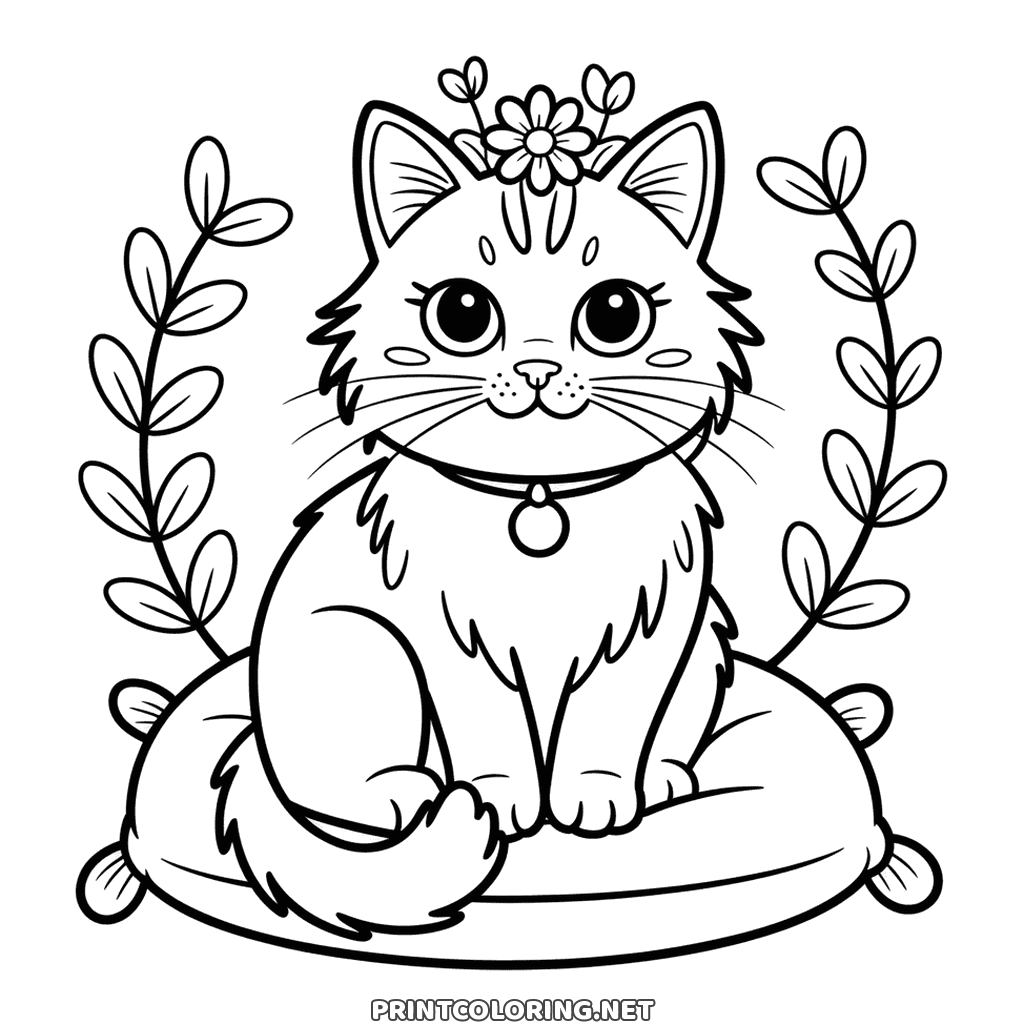 Beautiful cat coloring page: long haired cat in a flower crown on a cushion