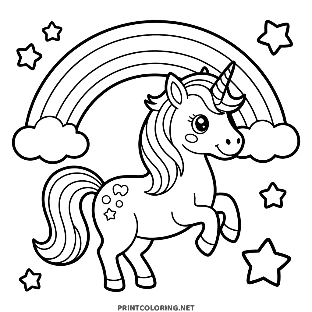 Unicorn coloring page leaping under a rainbow with stars and clouds