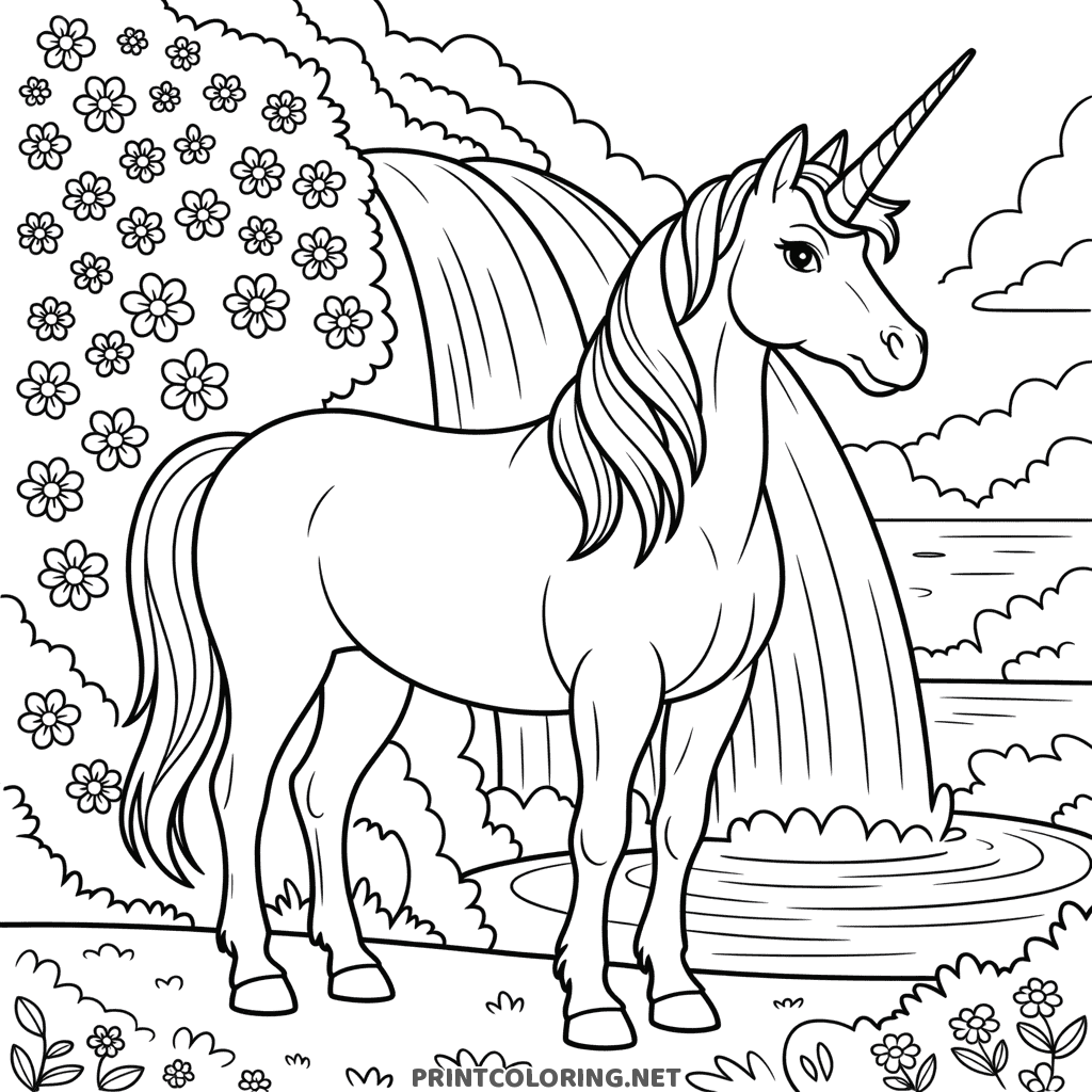 Detailed unicorn coloring page: a realistic unicorn beside a waterfall with blooming flowers