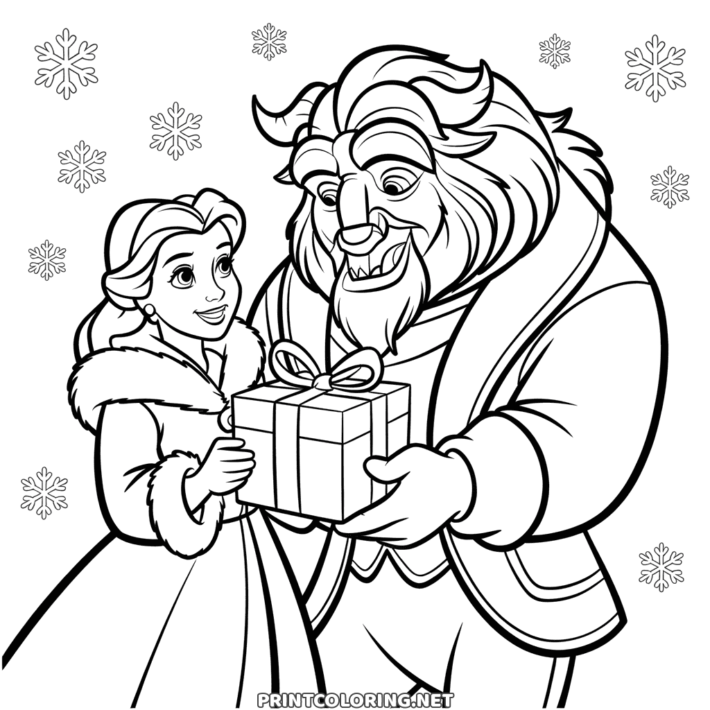 Princess Belle and the Beast holding a present, a detailed Christmas coloring page in the snow