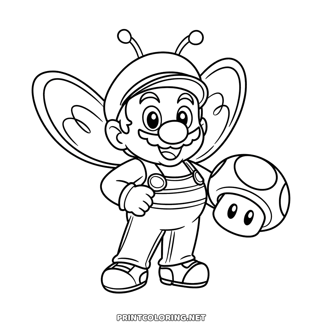 Lustiges Bienen-Mario Ausmalbild: Mario im Bienenkostüm mit Fühlern und Flügeln neben einem Pilz