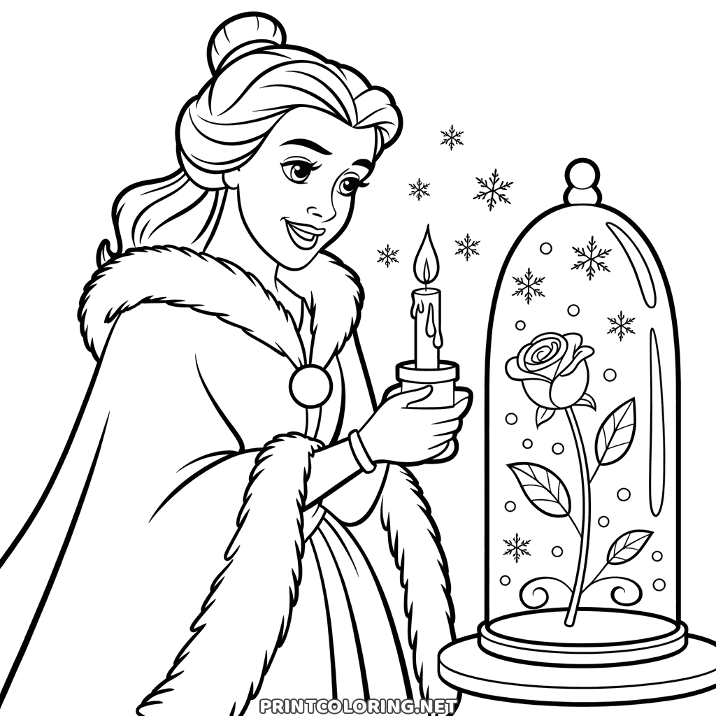 Belle jul tegning til farvelægning: Belle i pelskappe med et lys ved den fortryllede rose