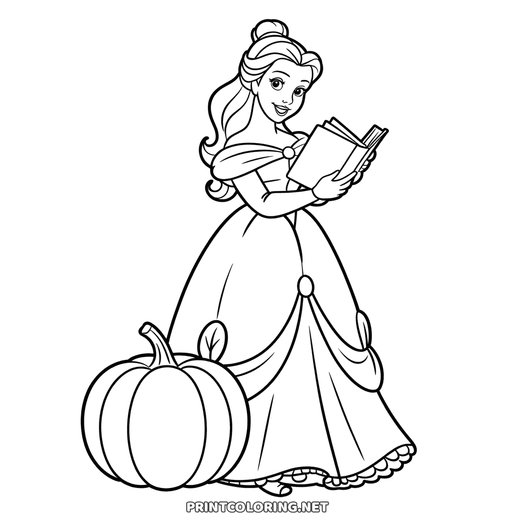Princess Belle coloring page for autumn: Belle in a ball gown reading a book by a pumpkin