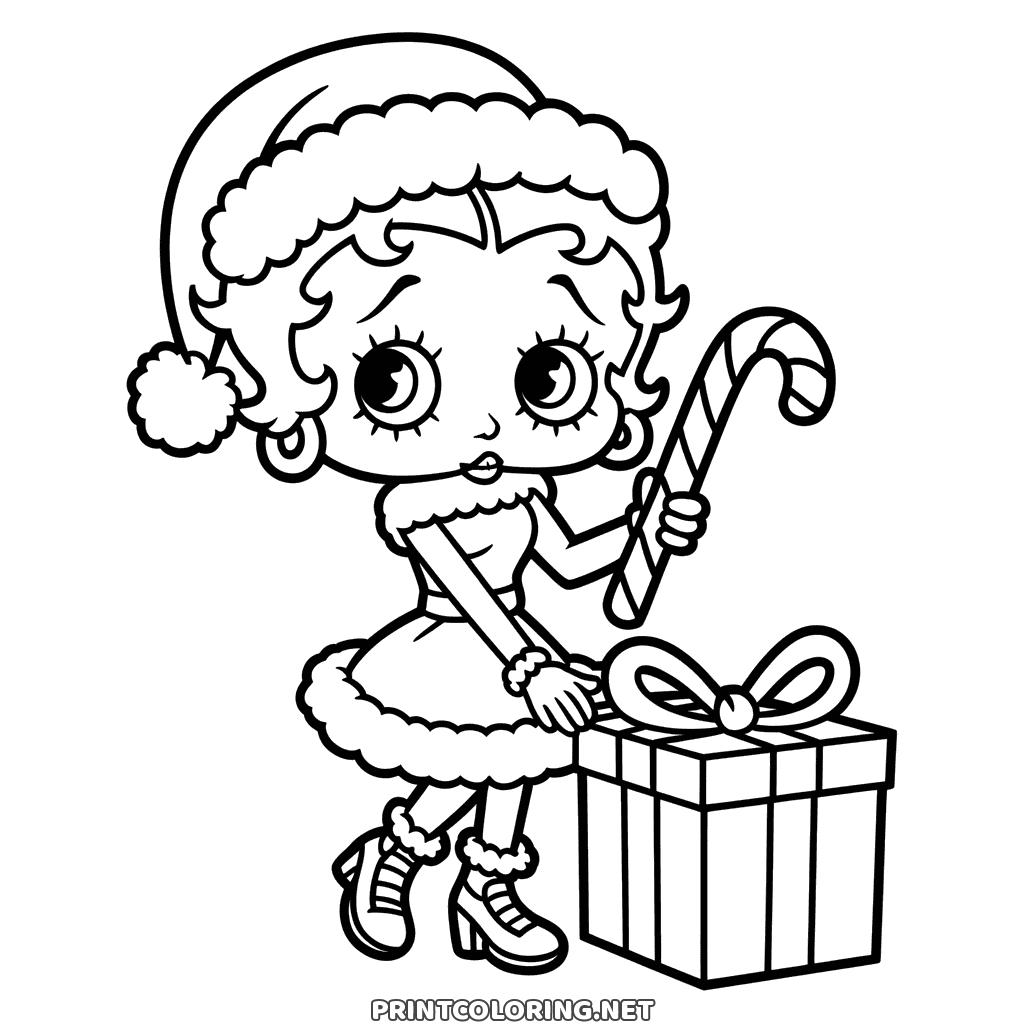 Betty Boop Christmas coloring page, a candy cane in one hand and a big present at her side