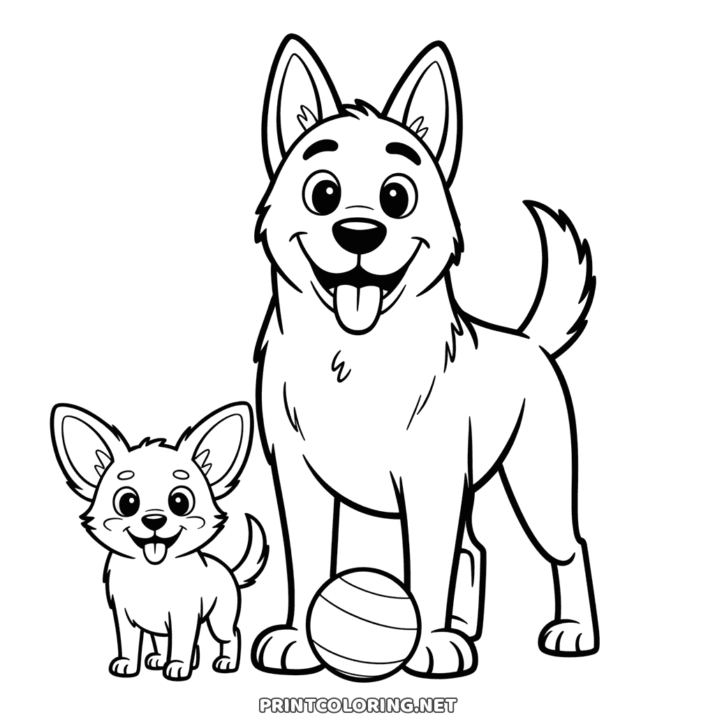 Big dog and little dog coloring page: a tall shepherd and a tiny pup with a striped ball
