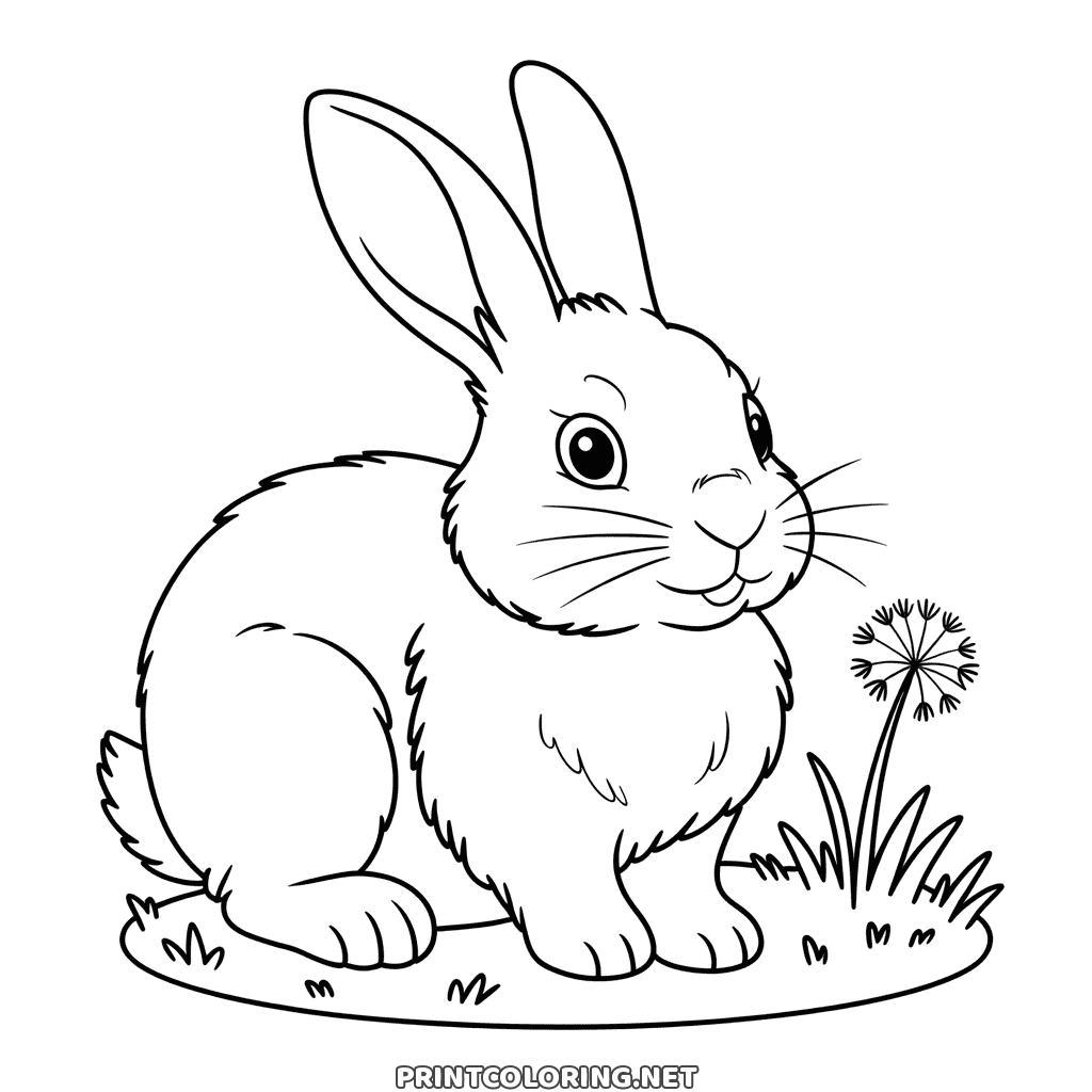Big fluffy rabbit sitting on an oval of grass next to a dandelion puff, a calm coloring page