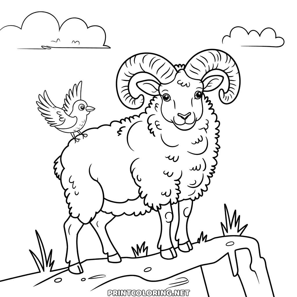 Ram coloring page: a woolly sheep with huge spiral horns on a rocky ledge, a small bird on its back
