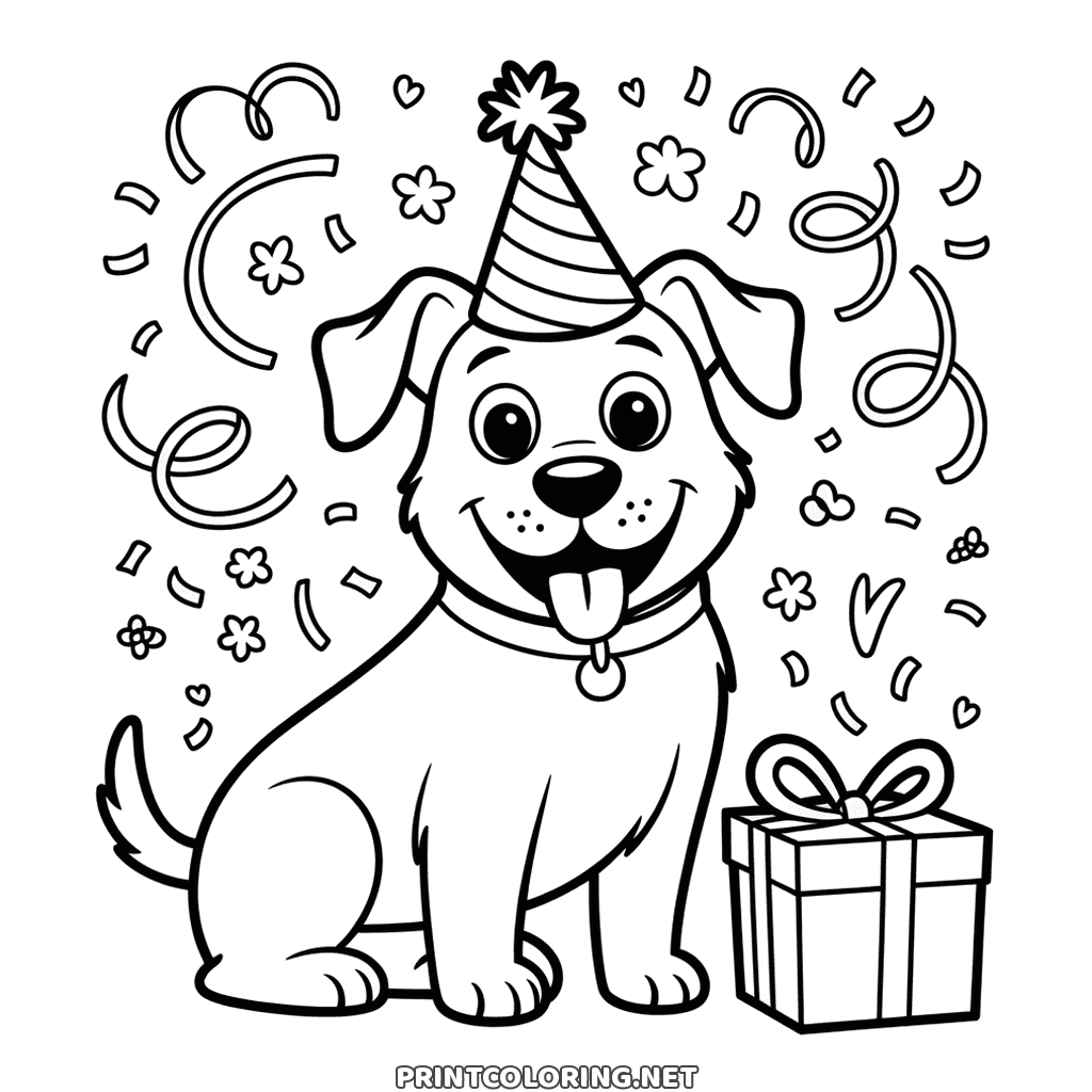 Birthday dog coloring page for kids: a party hat, falling confetti and a wrapped gift