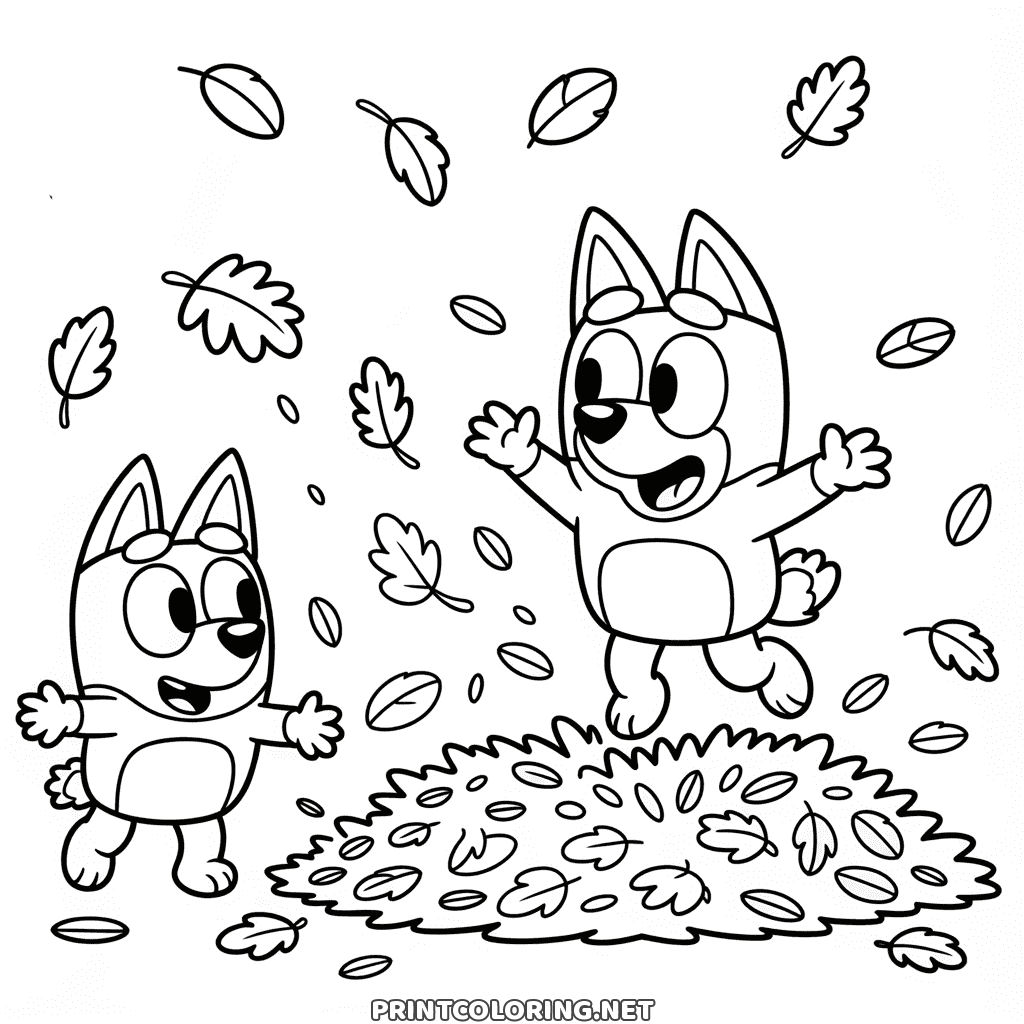Bluey and Bingo coloring page for fall: the two pups jumping and running in a pile of leaves