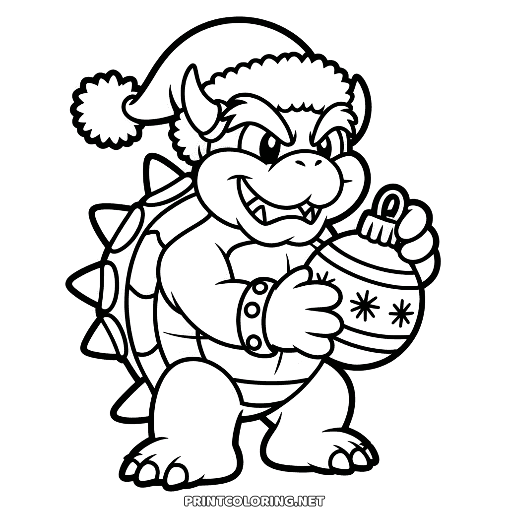 Bowser coloring page for Christmas: Mario's rival in a Santa hat clutching a giant bauble