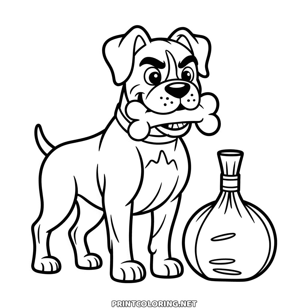 Funny boxer dog coloring page: a frowning boxer holding a bone in its mouth next to a round bag