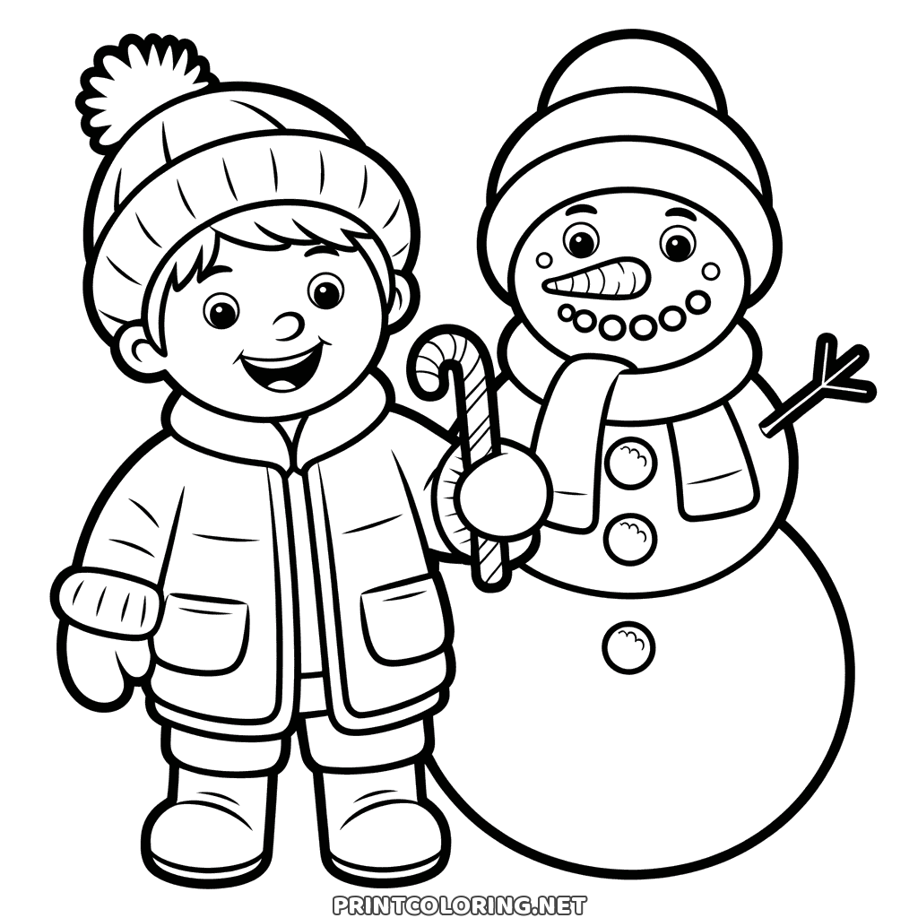 Schneemann Weihnachten Ausmalbild: Junge im Wintermantel neben dem Schneemann, den er gebaut hat