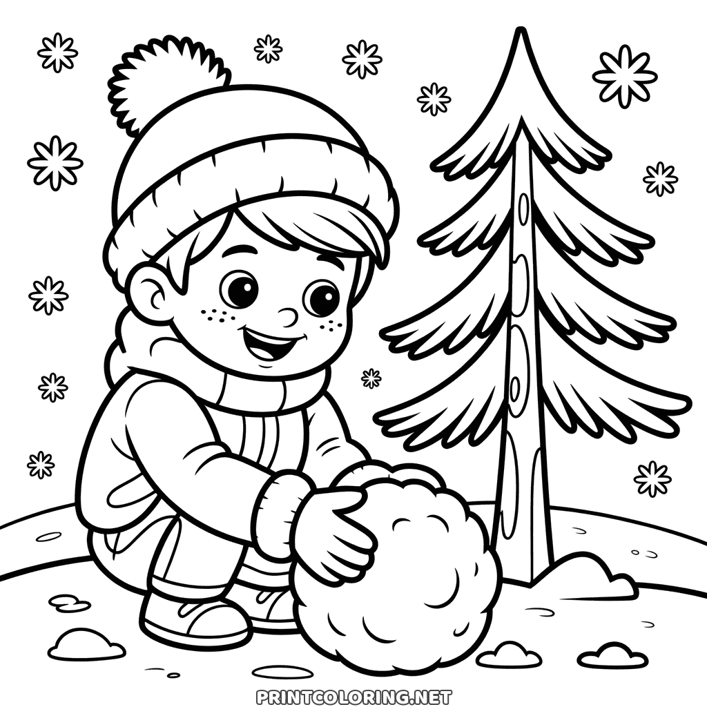Little boy rolling a big snowball under a tall fir tree, a winter coloring page with falling flakes
