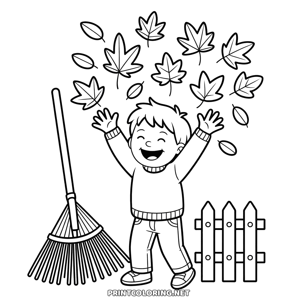 Junge wirft Herbstblätter in die Luft neben Rechen und Lattenzaun, Ausmalbild für Kinder