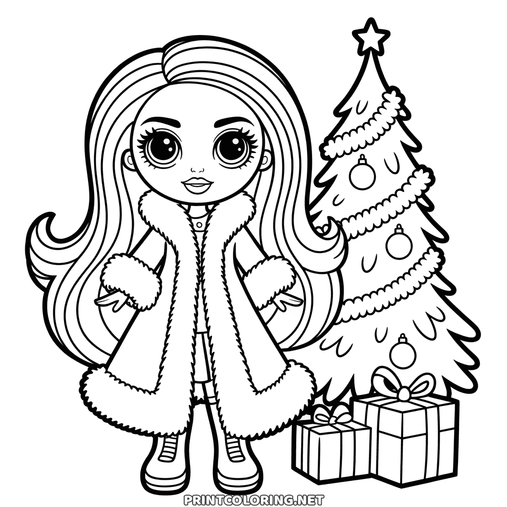 Bratz doll Christmas coloring page, a long fur coat beside a tinsel tree and two presents