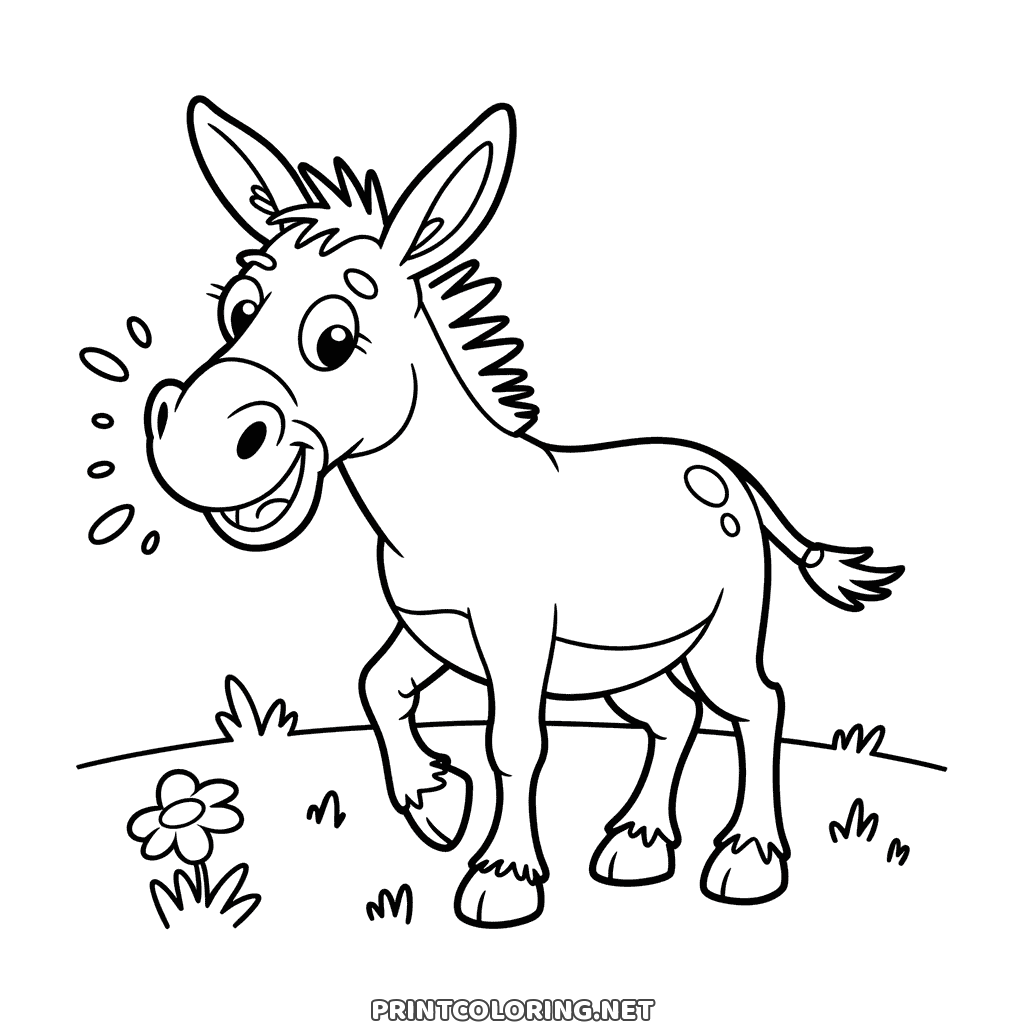 Hee-haw donkey coloring page: a cheerful donkey opening its mouth wide, lifting one hoof near a flower
