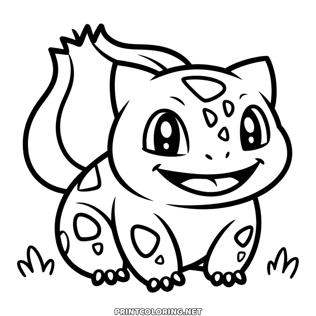 Pokémon Bulbasaur coloring page: sitting in the grass with the large bulb on his back