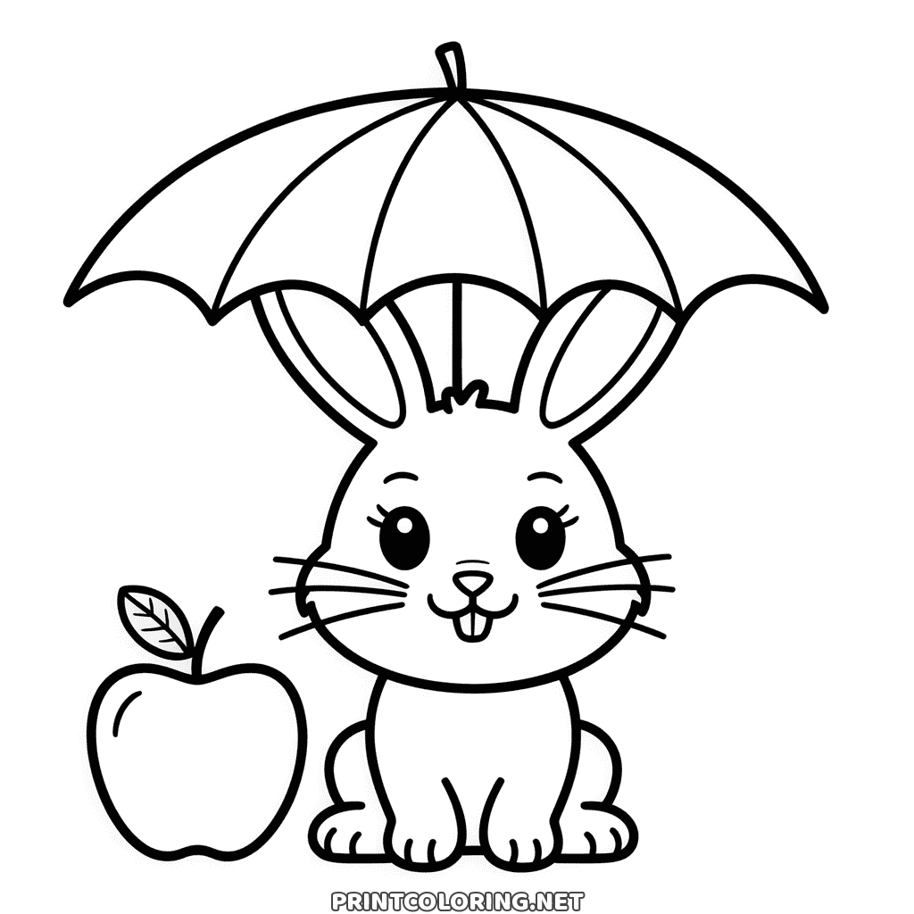 Ausmalbild Herbsthase für Kleinkinder: ein Hase unter einem Regenschirm neben einem Apfel