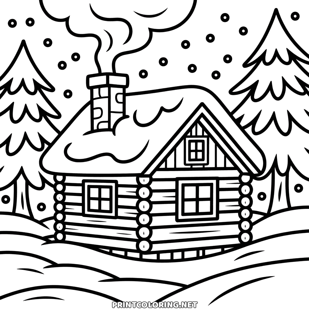 Un chalet en rondins à la cheminée qui fume entre les sapins enneigés, coloriage d'hiver