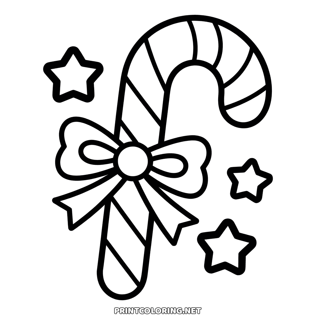 Printable Christmas candy cane coloring page: bold stripes, a bow at the neck, stars