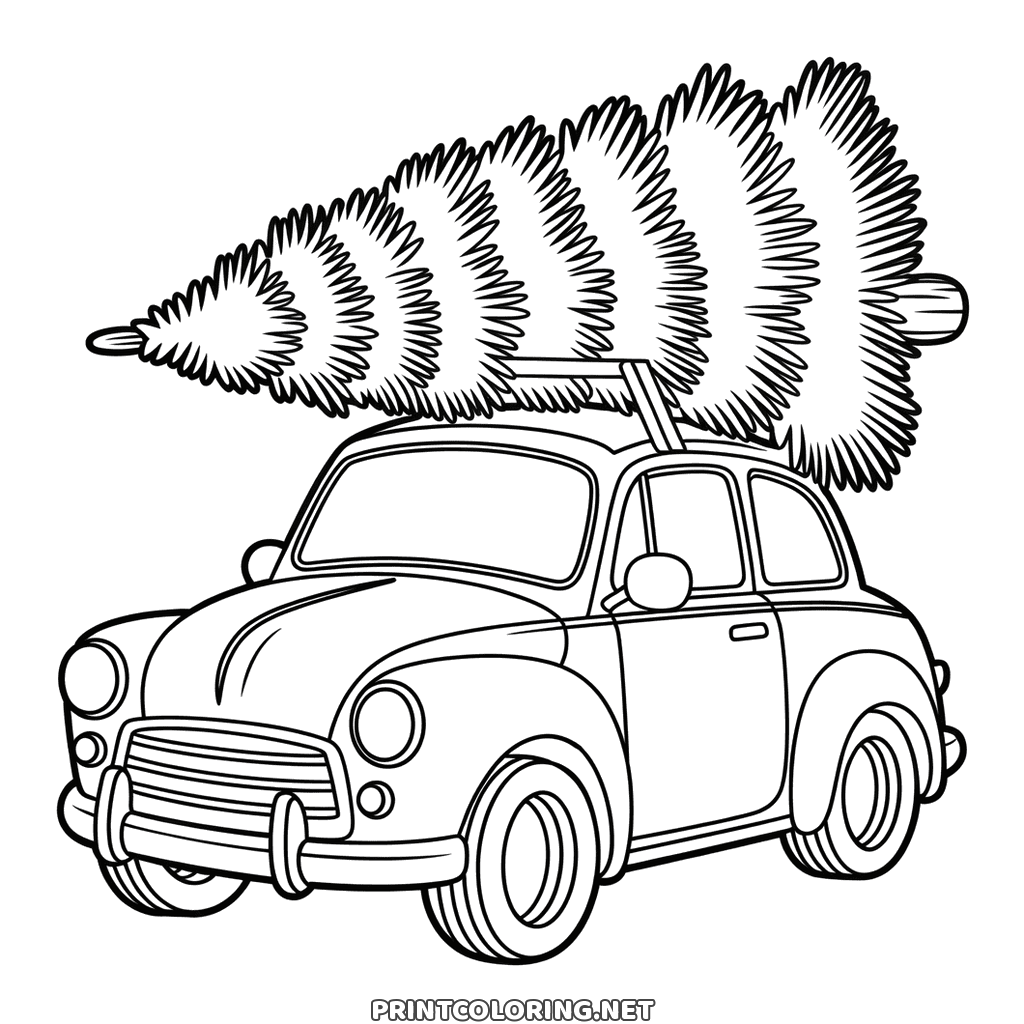 A printable page to color: a little round car with a Christmas fir on its roof