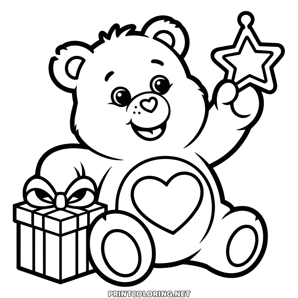 Care Bear coloring page for little kids, a star ornament held high and a Christmas present