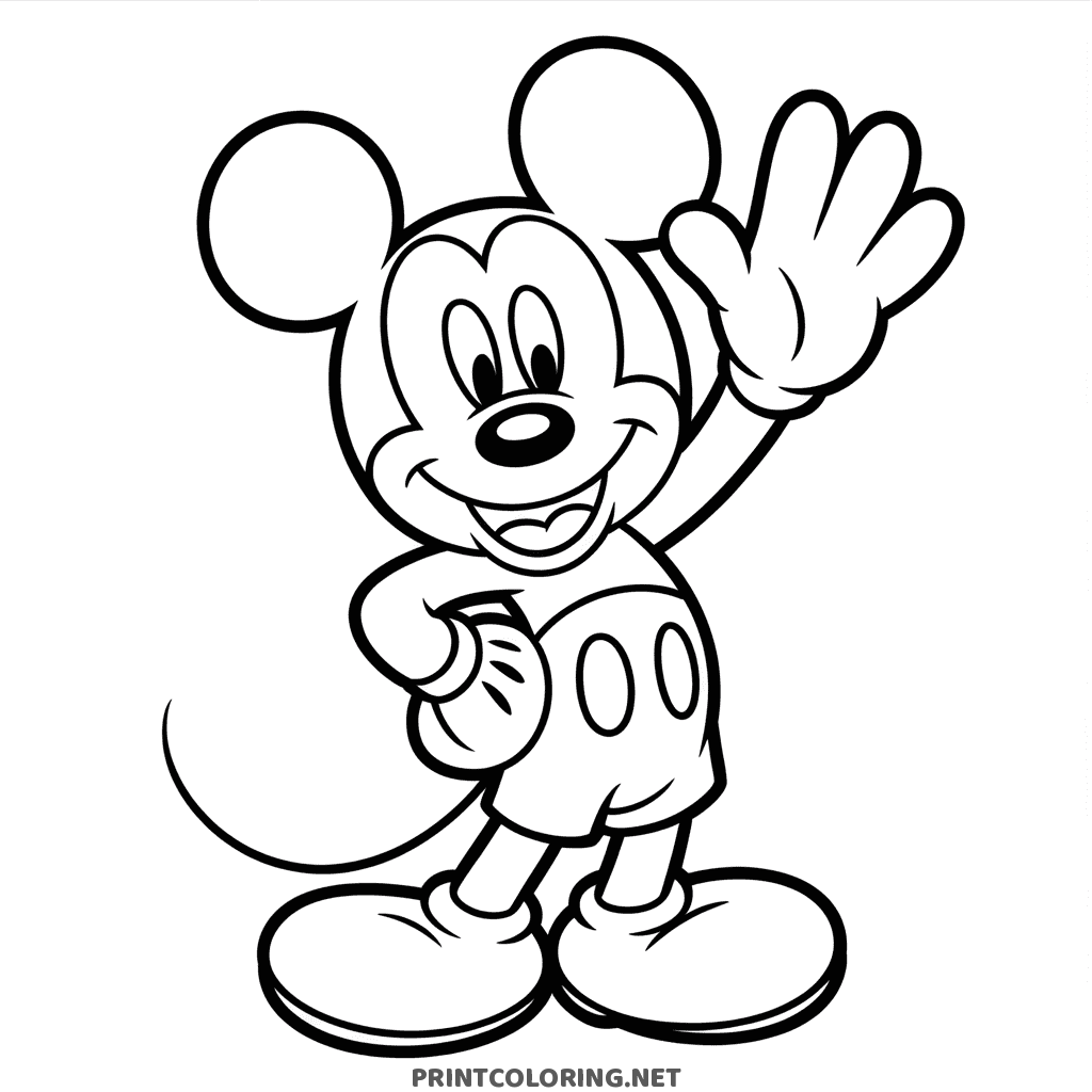 Classic Mickey Mouse coloring page in his signature waving pose