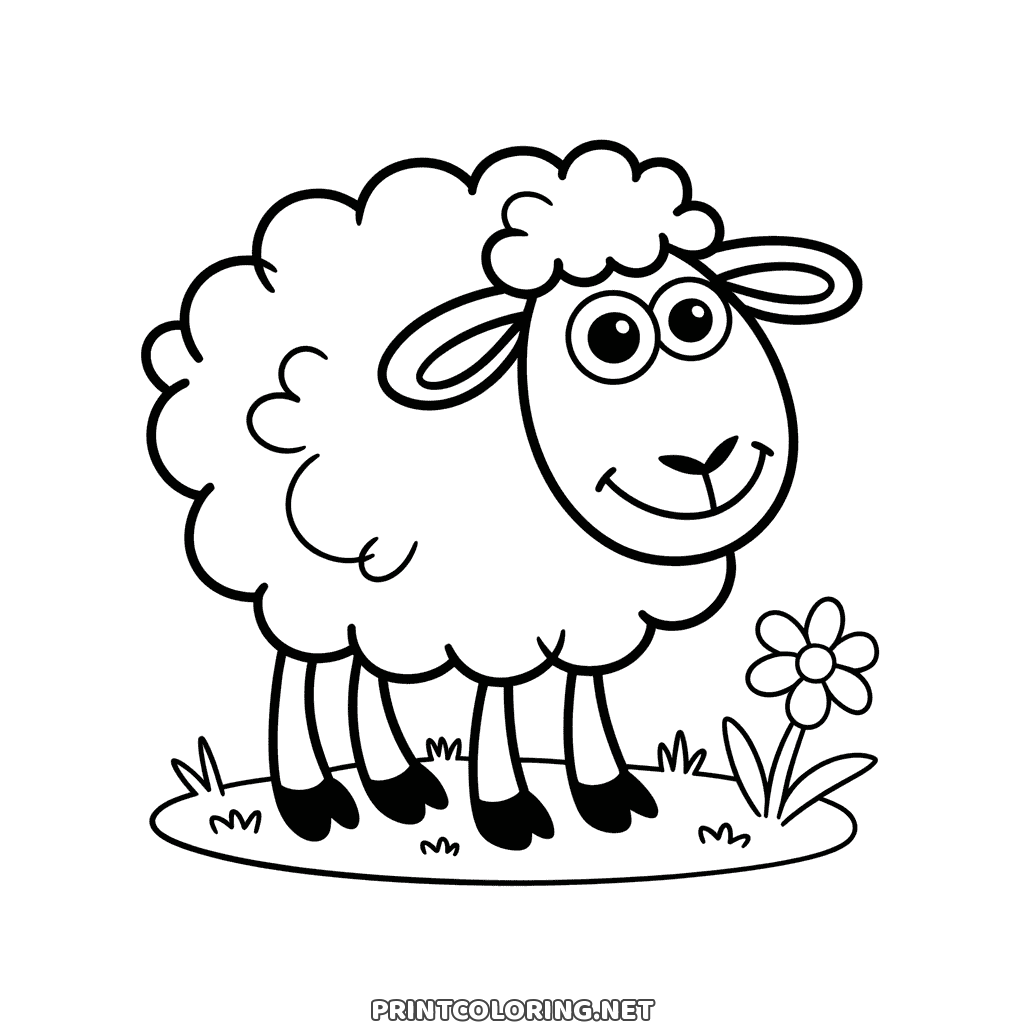 Funny cartoon sheep coloring page with googly eyes and black hooves next to a flower