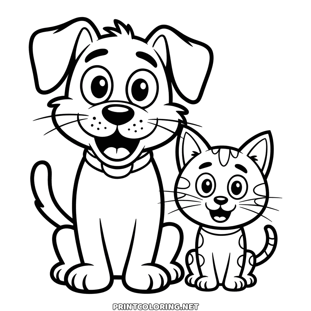Hund och katt målarbild för barn: en stor hund sitter bredvid en liten randig katt