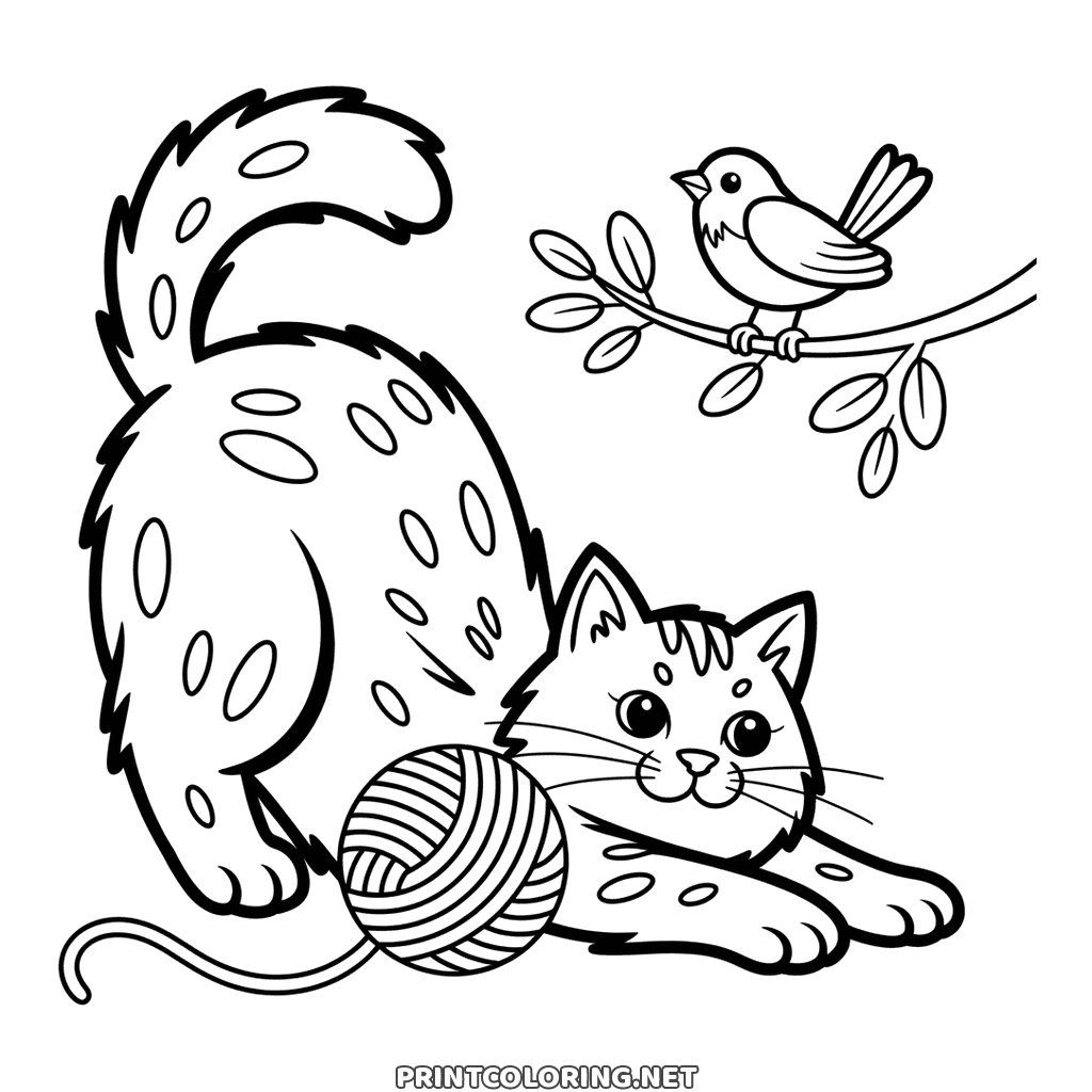Cat and kitten coloring page: a big cat stretching with a kitten and wool below
