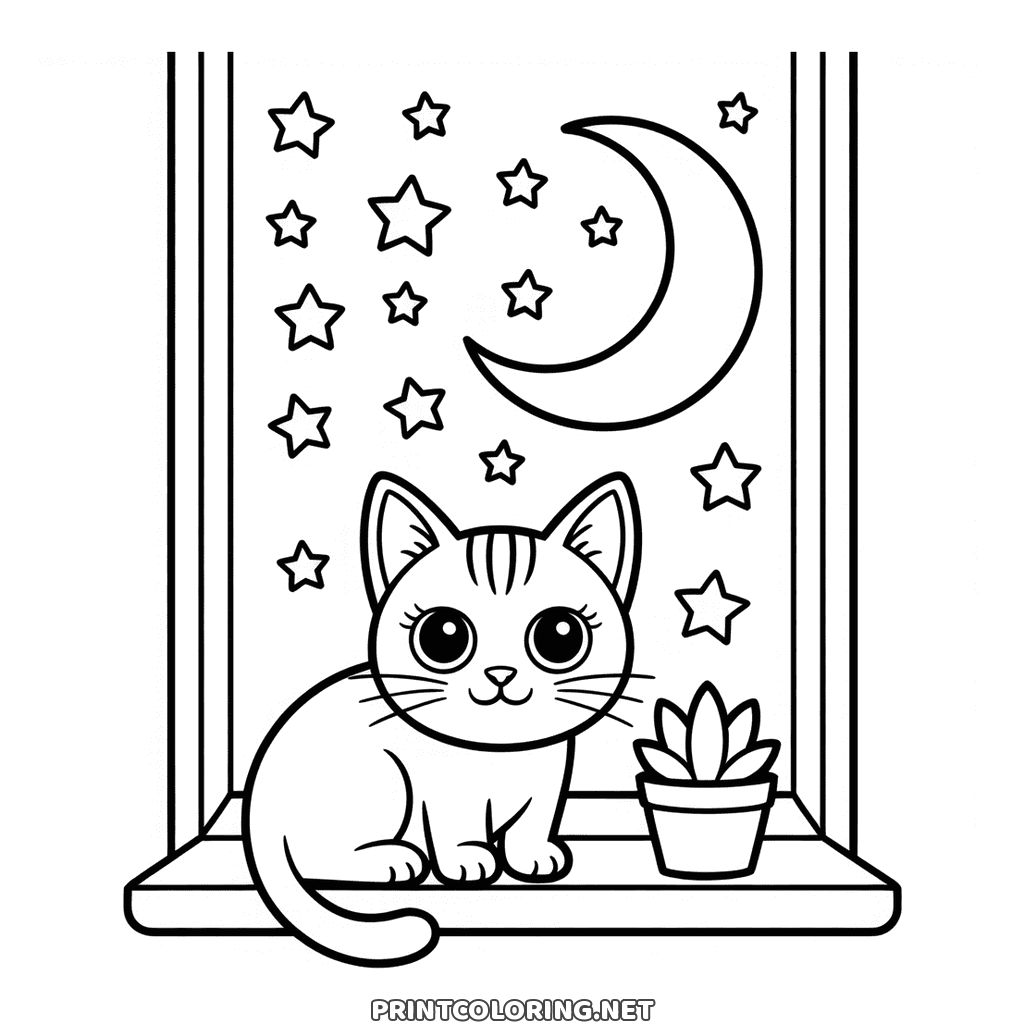 Cat at the window coloring page: sitting on a sill under a crescent moon