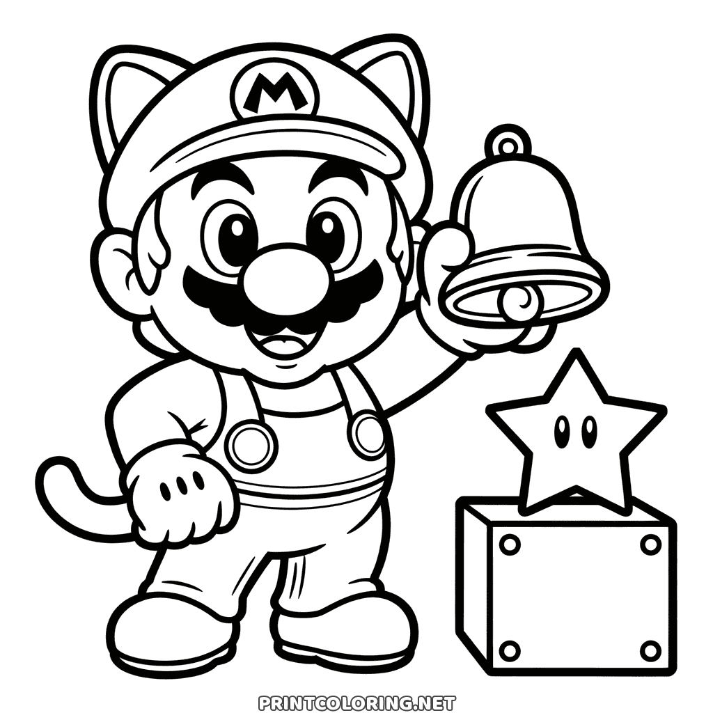 Süßes Ausmalbild: Katzen-Mario im Katzenanzug hält eine Superglocke neben einem kleinen Stern