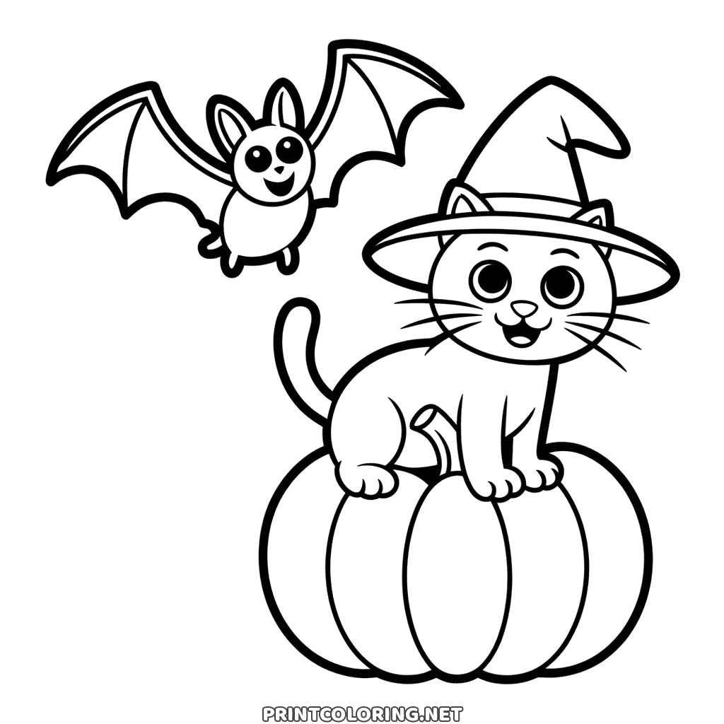 Ausmalbild Katze auf einem Kürbis: Kätzchen mit Hexenhut und Halloween Fledermaus