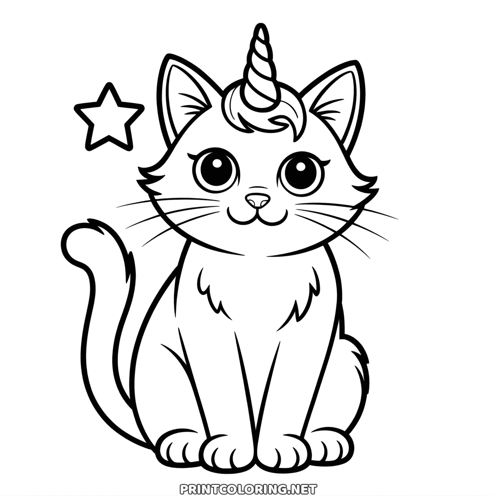 Caticorn coloring page: a sitting cat with a spiral unicorn horn, long whiskers and a star