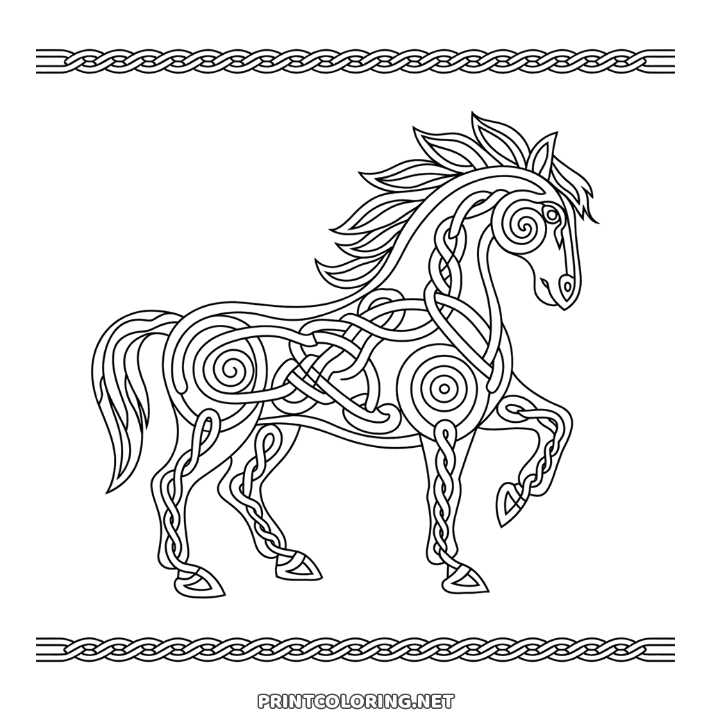 Celtic horse coloring page: drawn in knotwork inside a matching woven border