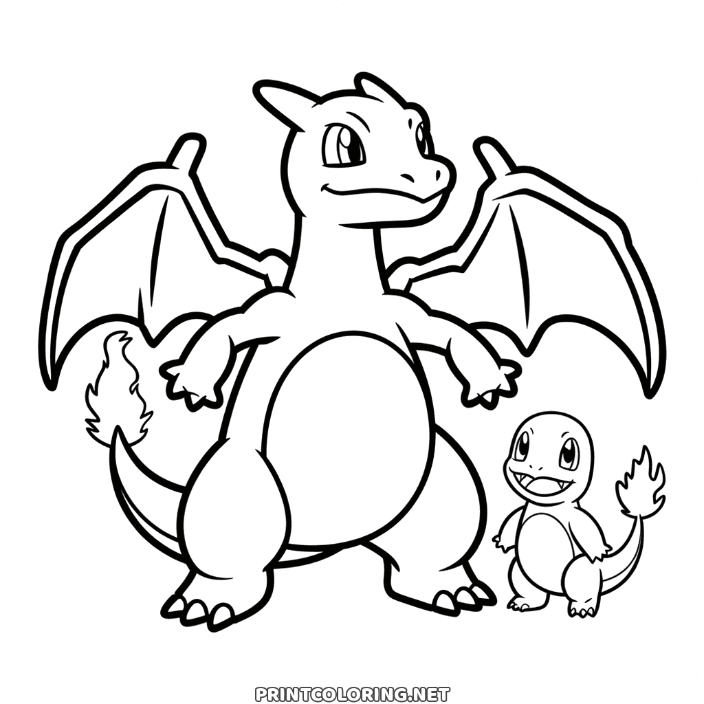 Pokémon Charizard and Charmander coloring page: the big one standing over the small one