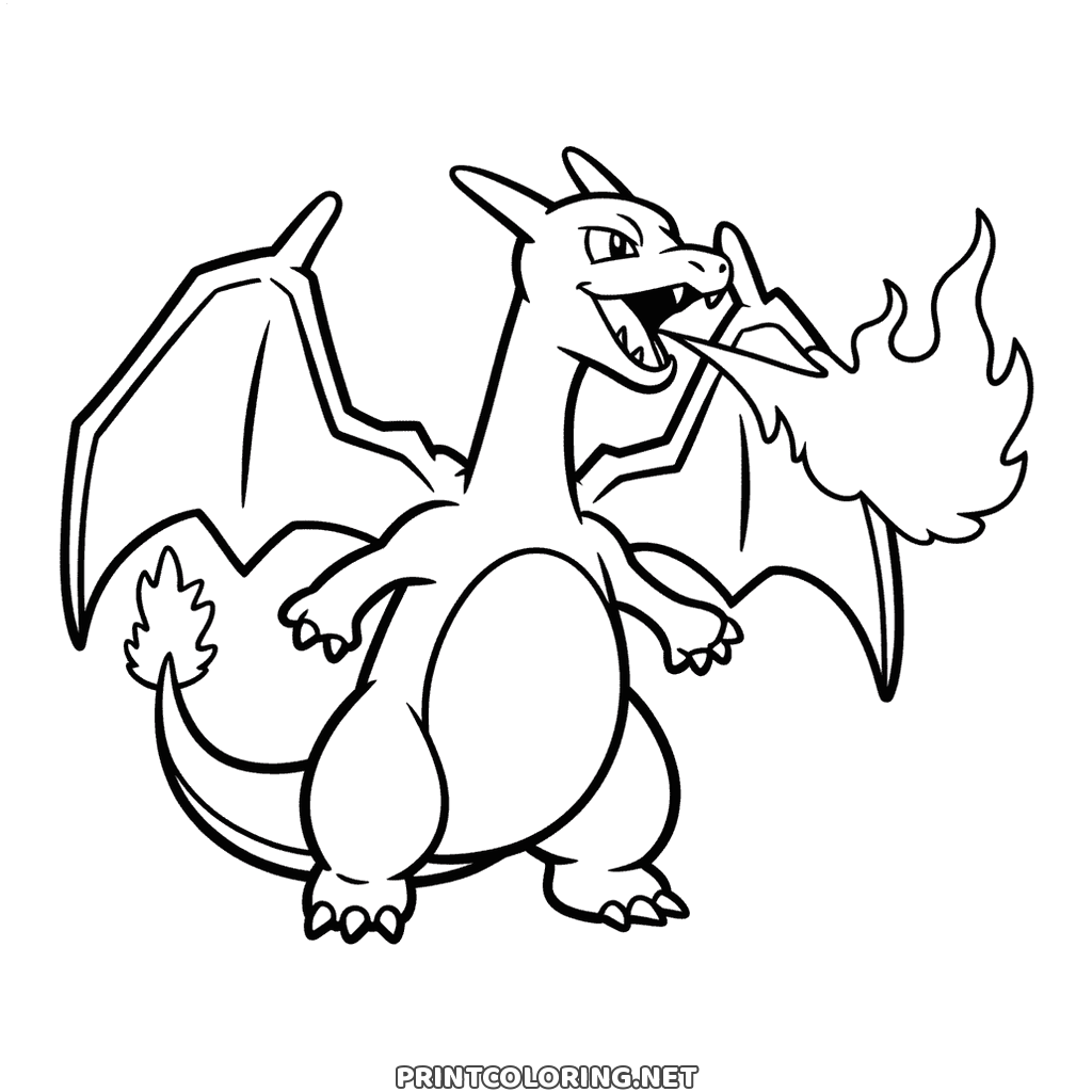 Pokémon Charizard breathing fire coloring page: a long plume of flame pouring from open jaws