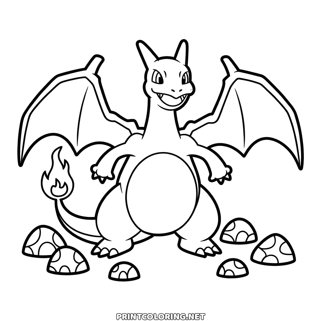Pokémon Charizard coloring page: standing with wings spread wide and a flame at the tail tip