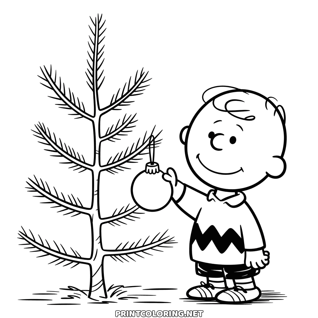 Charlie Brown Christmas coloring page: hanging one bauble on his tall, sparse tree