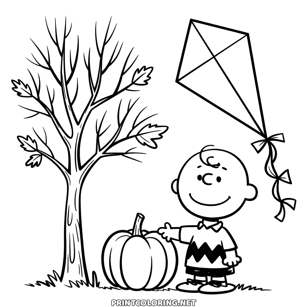 Charlie Brown Ausmalbild im Herbst: Charlie Brown neben einem großen Kürbis, ein Drachen und ein fast kahler Baum