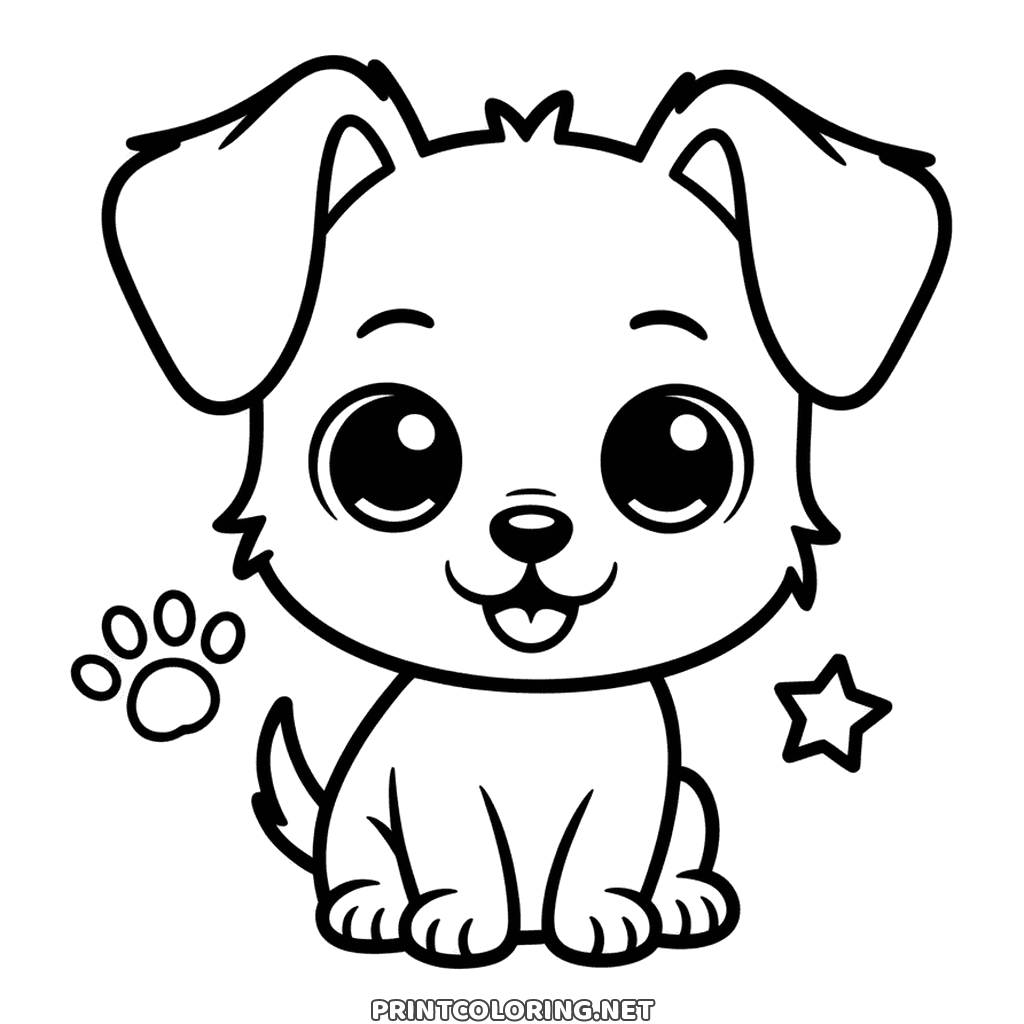 Omalovánka pes chibi: obrovské oči, klopené ucho, otisk tlapky a hvězda vedle