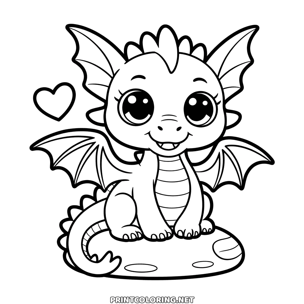 Kawaii Drache Ausmalbild: ein Chibi Drache mit großen Augen und offenen Flügeln auf einem Stein