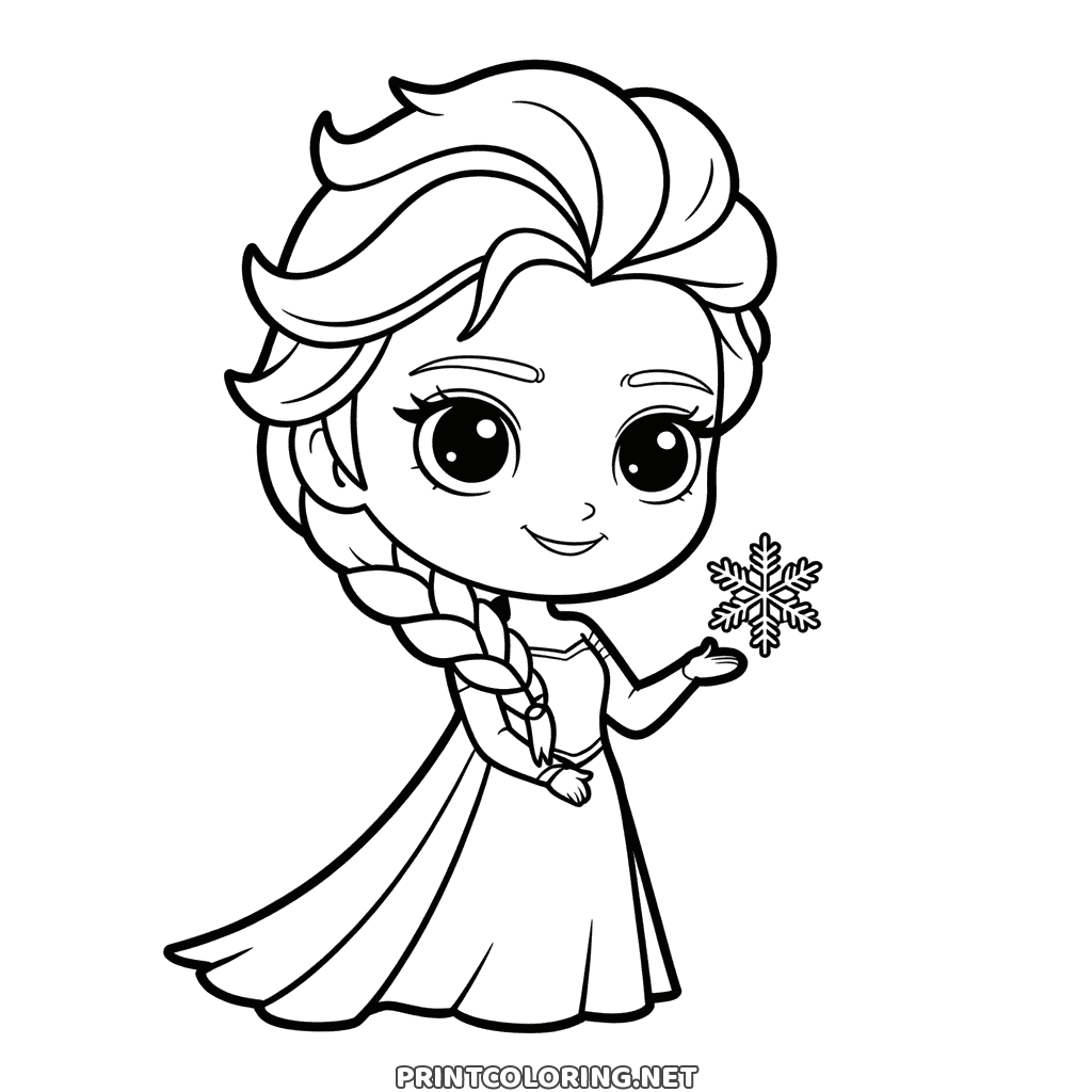 Einfaches Elsa Ausmalbild im Chibi Stil: Elsa mit großen Augen hält eine Schneeflocke