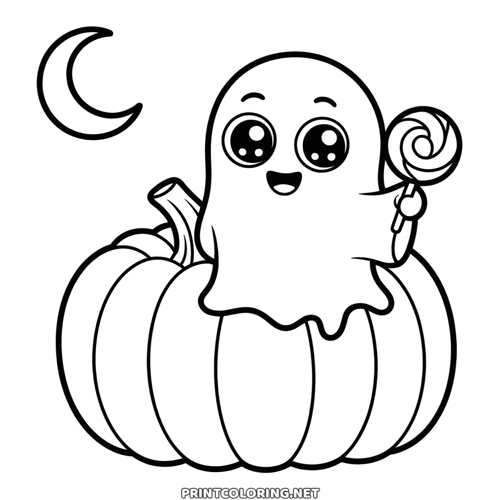 Cute chibi Halloween ghost coloring page: a big-eyed ghost on a pumpkin with a lollipop