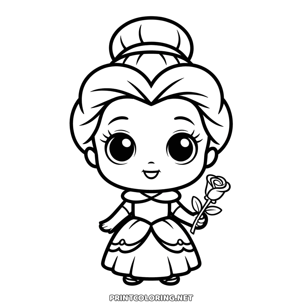 Chibi princess coloring page: an enormous head, a small dress and a single rose