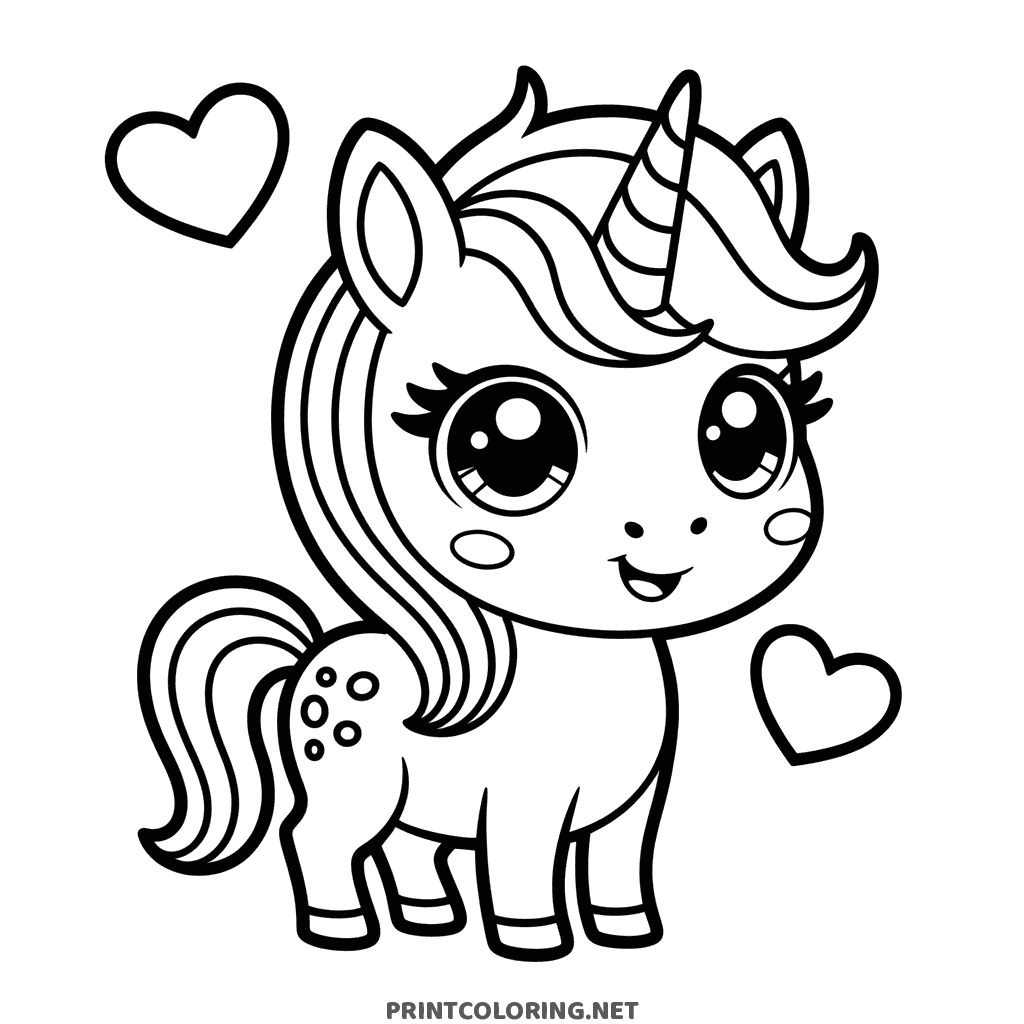Chibi unicorn coloring sheet with a wavy mane, floating hearts and a big smile