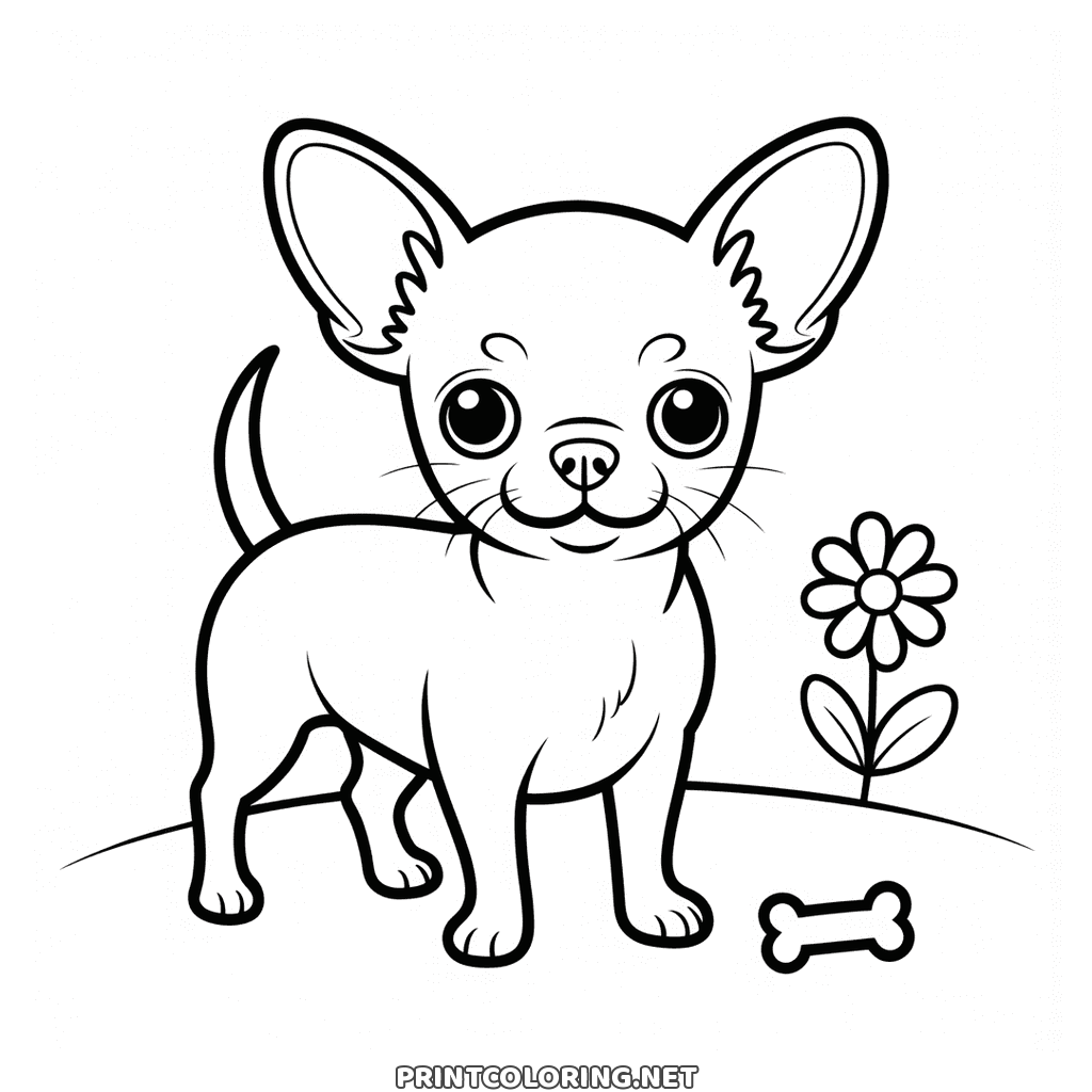 Chihuahua hund målarbild: enorma stående öron, en blomma på stjälk och ett ben