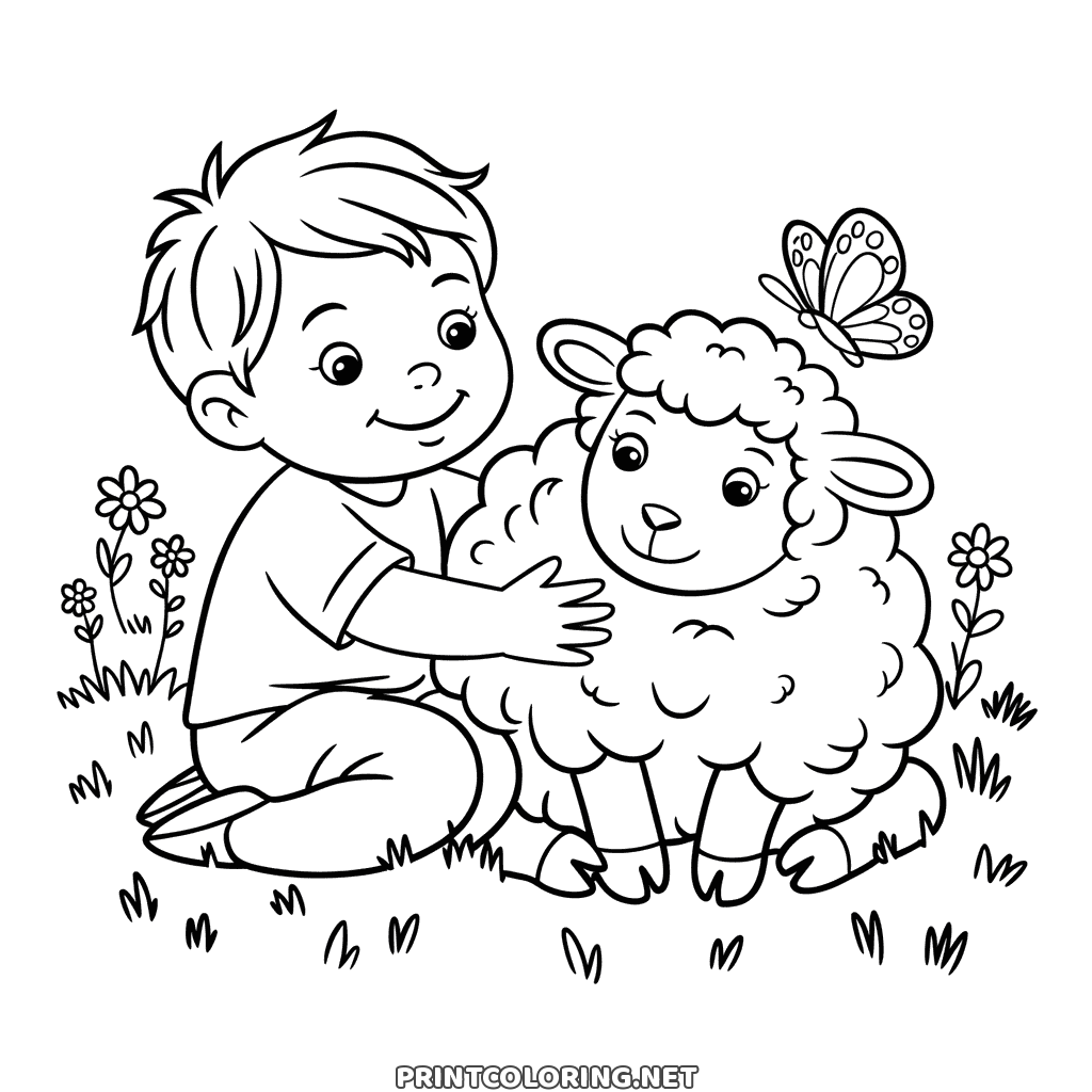 Little boy and lamb coloring page: a child kneeling in the grass to hug a fluffy lamb under a butterfly