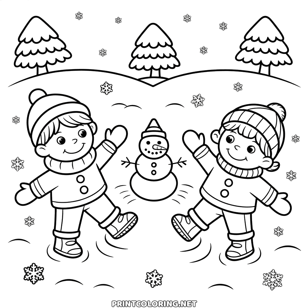 Happy kids coloring page: two children playing in the snow around a little snowman