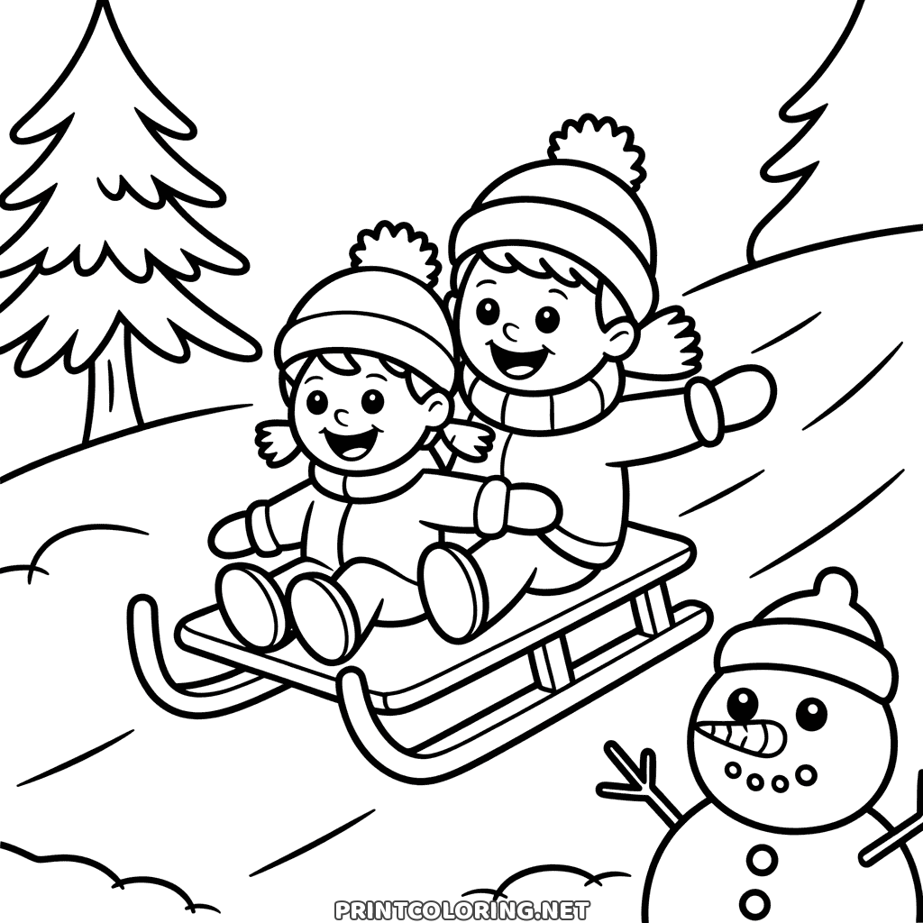 Deux enfants dévalent une colline enneigée sur une luge en bois, joyeux coloriage d'hiver